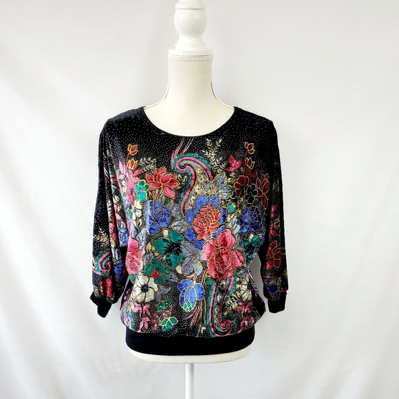 Vintage Tops - Vintage Velvet Metallic Floral Print Top Medium